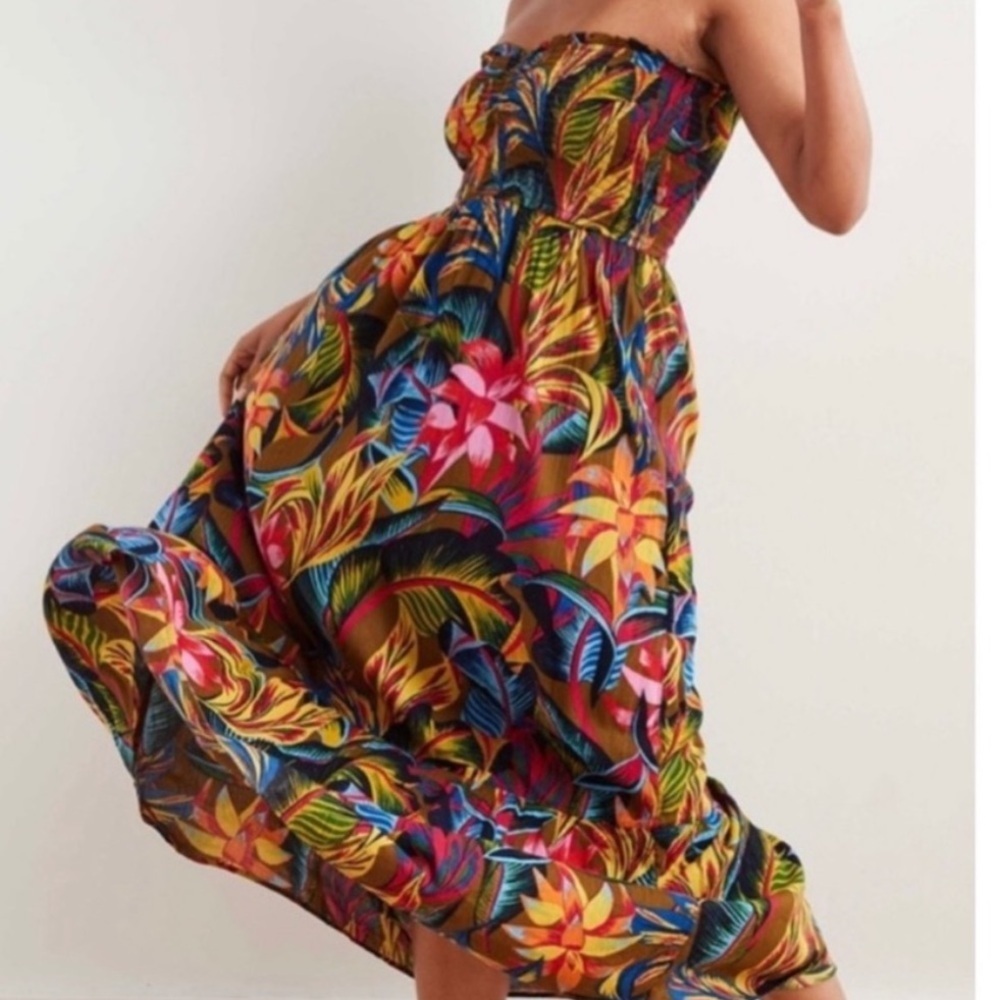 Aerie Tropical Smocked Midi Dress Strapless XS